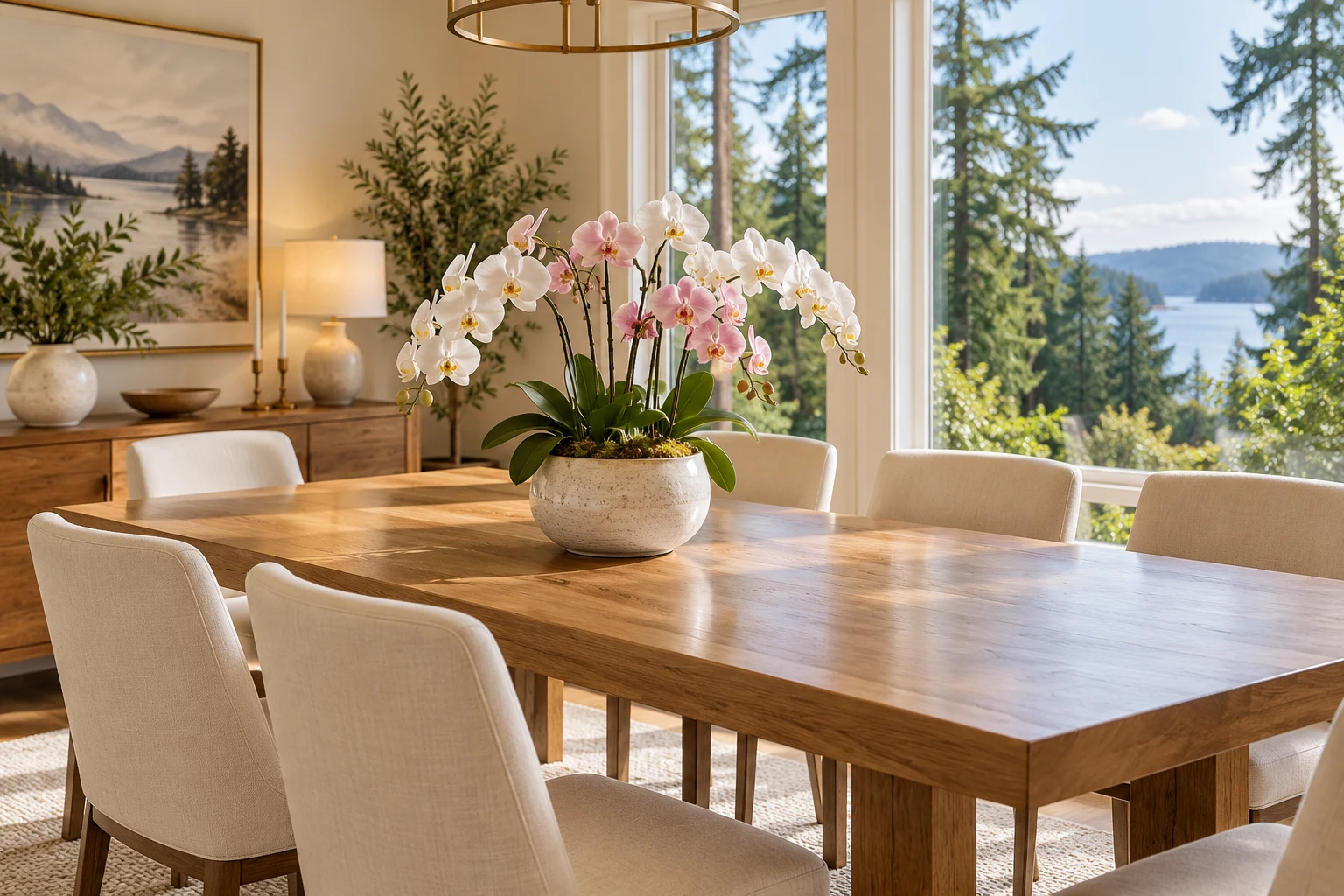 Spotless dining room with a vase of white and pink orchids on an oak table