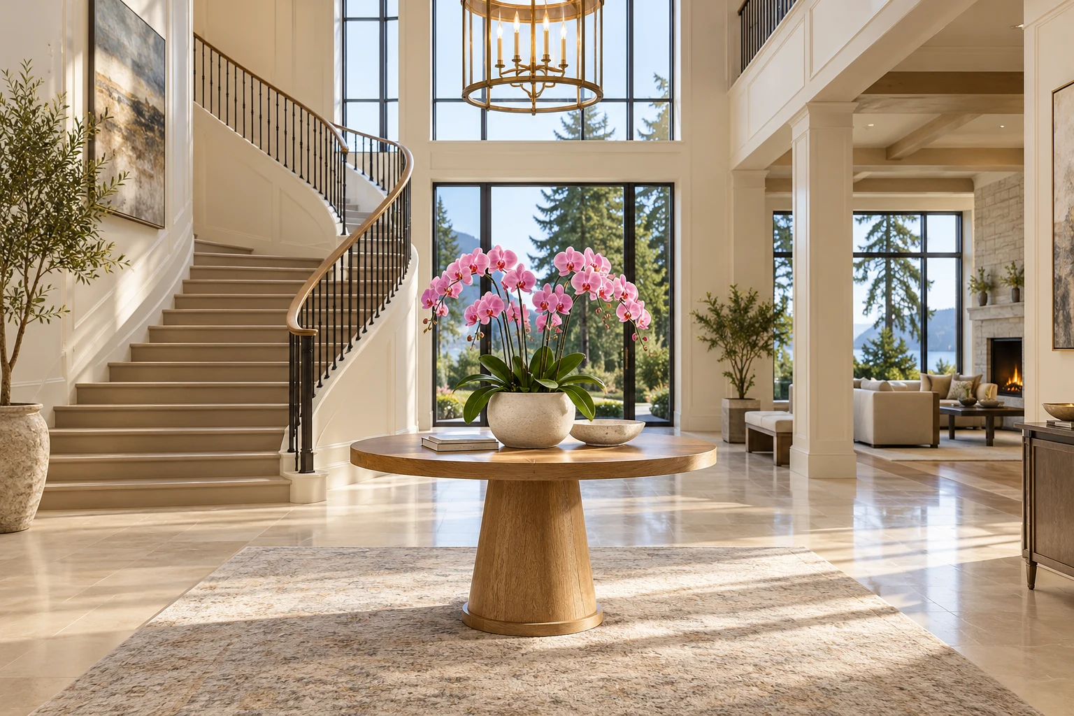 Grand sunlit entryway with pink orchids in a vase on a round oak table